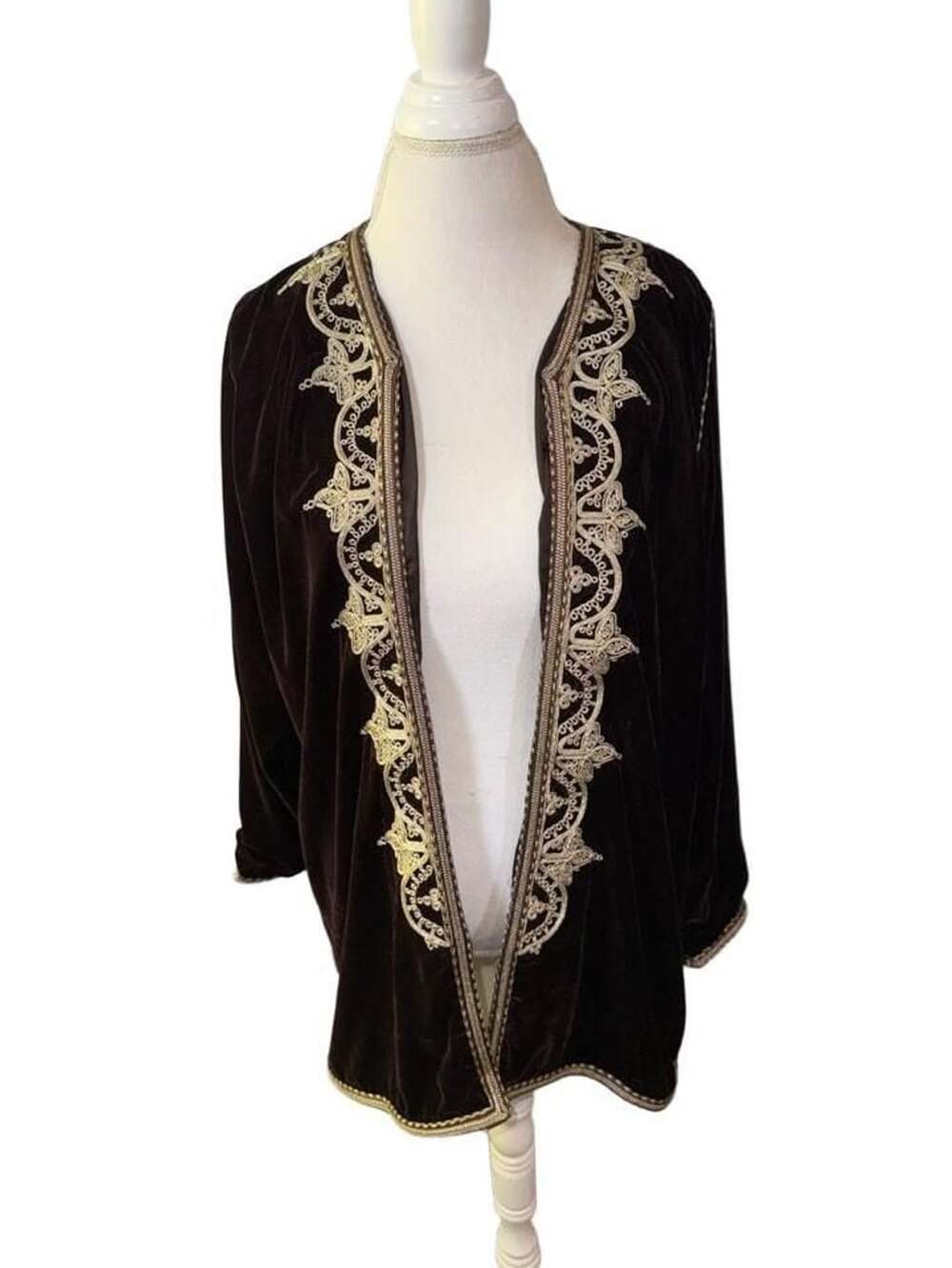 Diamantine Brown Velvet Embroidered Open Front Caftan Kimono Jacket XXL
